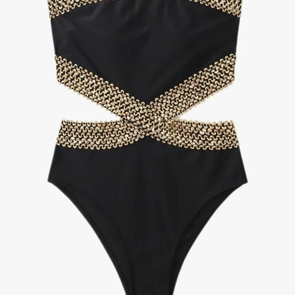 Elegant Black and Gold Women's Swimsuit Med New - Picture 2 of 6